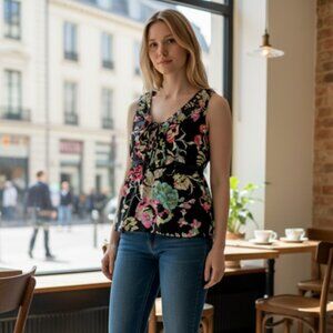 Anthropologie Edem & Esyllte Sleeveless Black Floral Ruffle Top - Size 6